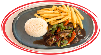 Peruvian Lomo Saltado served with rice and fries