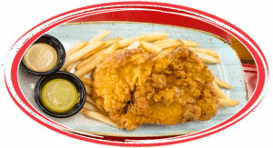 Pollo broaster served in a traditional Peruvian style