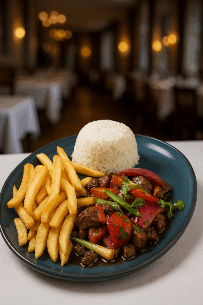 Traditional Peruvian dish Lomo Saltado served with rice and fries
